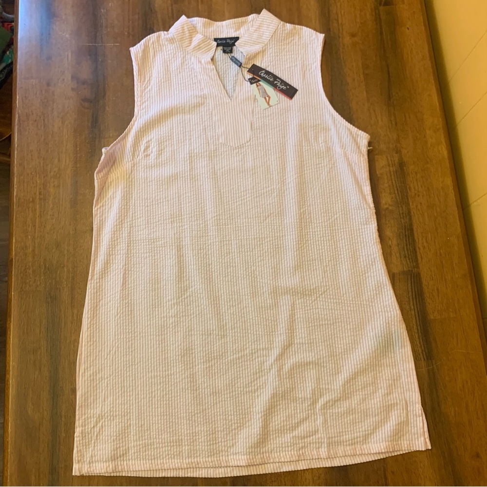 Charlie Paige Dress XL Pink White Stripe Mini Sleeveless 100% Cotton Side Zip